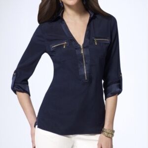 NWT Cache Silk Navy and Gold Blouse - S